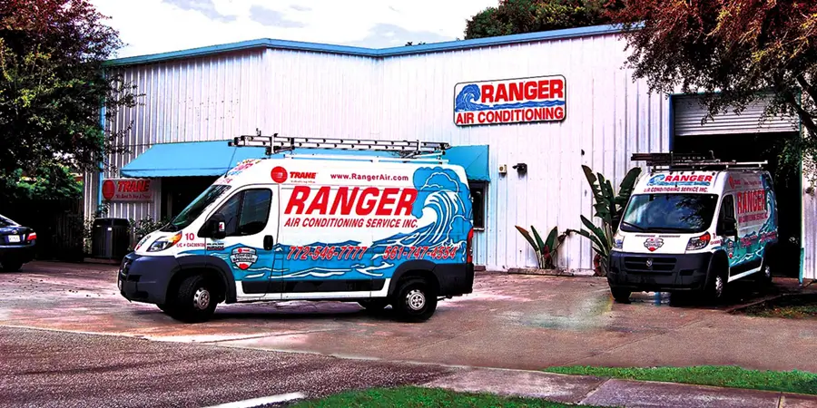 Ranger service trucks leaving the facility